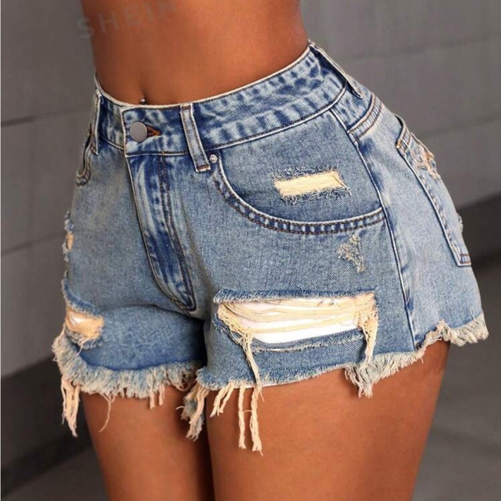Distressed denim jean shorts
